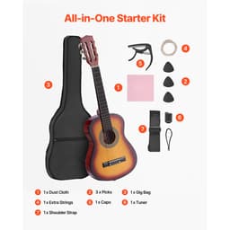 30-Inch Klassieke Gitaar Starter Kit, Houten Akoustische Gitaar voor Beginners, Inclusief Nylon Snaren, Gig Bag, Riem, Tuner, Extra Snaren, Pick en Capo, Ideaal voor Kinderen, Studenten en Beginners, Sunburst Afwerking — thumbnail 3