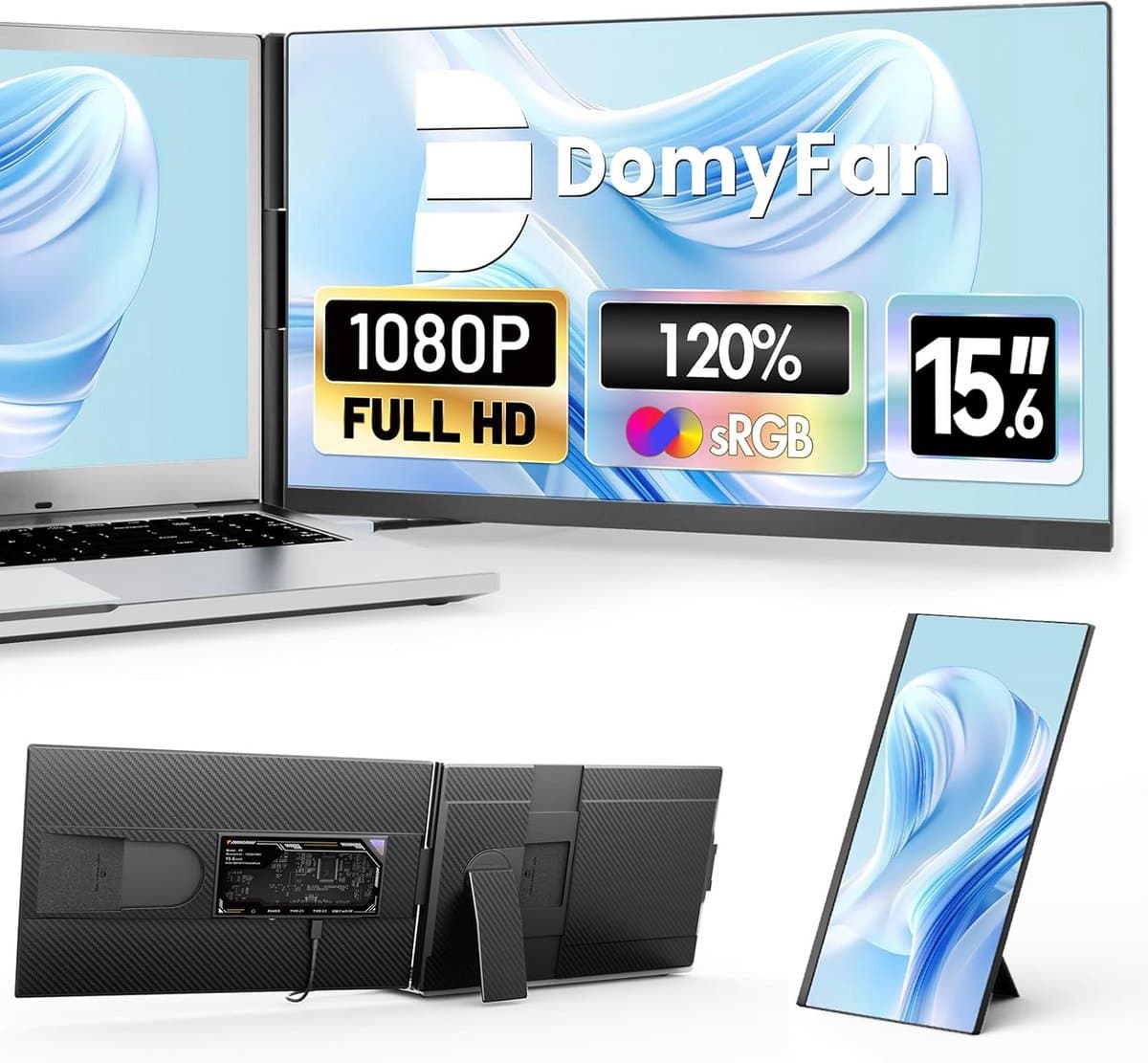 15,6-inch Draagbare Externe Laptop Monitor 1080p FHD IPS Scherm - 120% sRGB - HDMI, USB-A & Type-C Aansluiting - Plug & Play voor Windows, Mac & Android — afbeelding 1