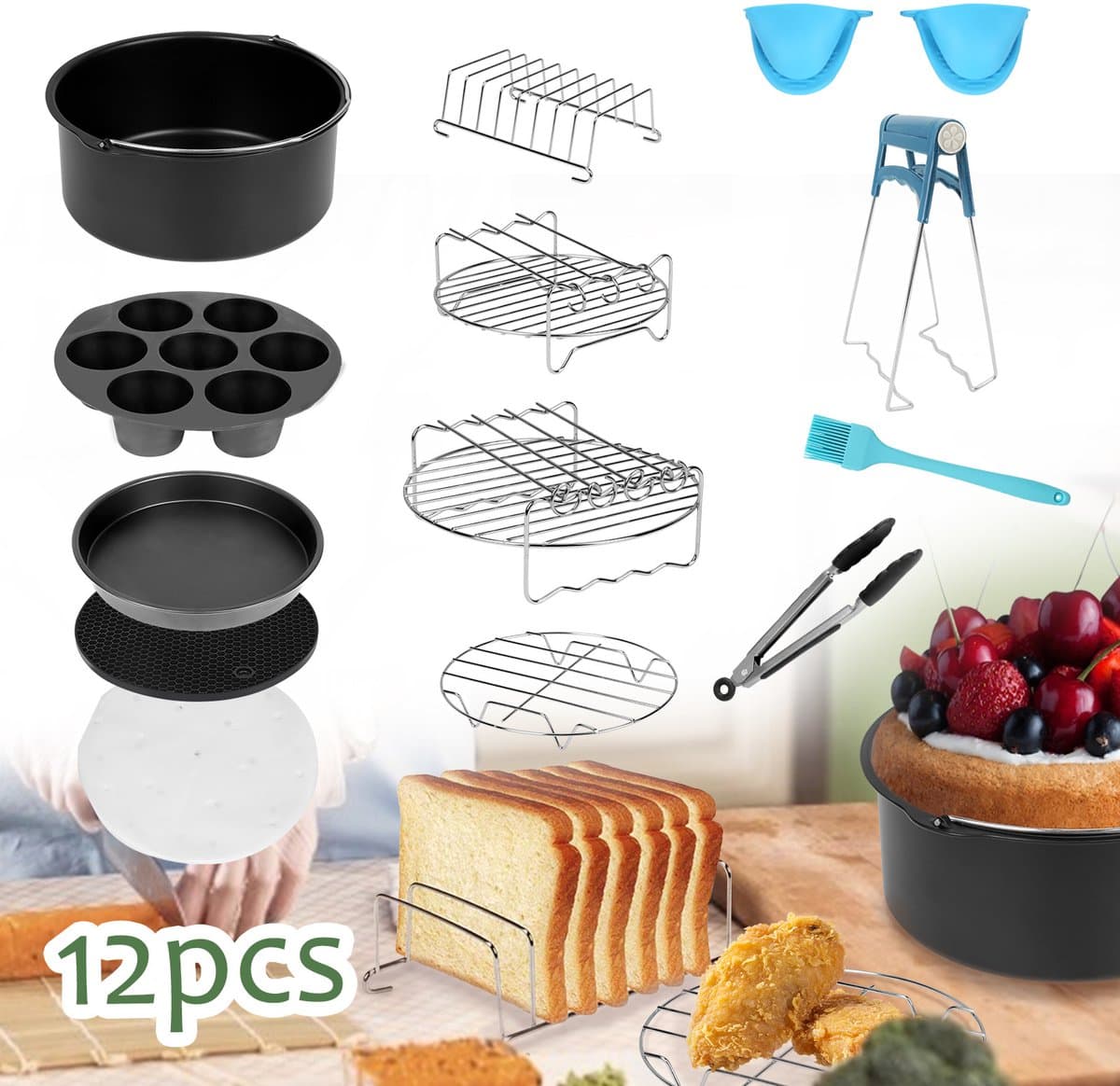 12-delige accessoireset voor heteluchtfriteuse - voor heteluchtfriteuse, bakplaten, taartpan 7 inch — afbeelding 1