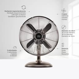Tafelventilator 30cm - Staand Model met 3 Snelheden en Metal Look - 40W — thumbnail 2