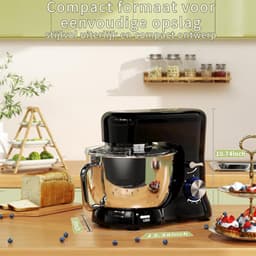 Deegmachine - Keukenmachine - Stille Roermachine - Incl. 5 Liter Roestvrijstalen Kom - 3 Mengaccessoires - Spatbescherming - Deegschraper En Eierscheider - Deegmachine Met 8 Standen - (Zwart) — thumbnail 3