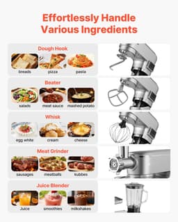 Elektrische Keukenmachine - Standmixer/Deegmixer - 1500 W - RVS Kom 5,7 L - Mengkom 1,5 L - 6+P Snelheden - Inclusief Deeghaak, Garde En Klopper — thumbnail 5