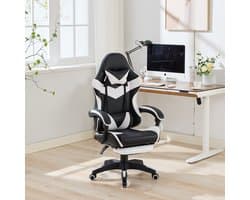 Gamingstoel - Ergonomisch Met Voetsteun - Draaibaar En In Hoogte Verstelbaar - Kunstleer - Zwart/Wit