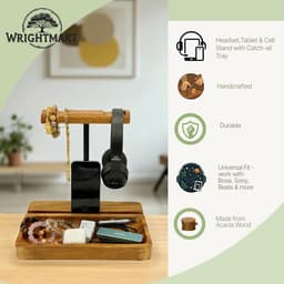 Dubbele Houten Hoofdtelefoonstandaard met Opvangbak - Universele Headset Houder voor Bureau — thumbnail 3