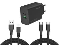 Ntech - USB C Adapter 35W - USB C Oplader Zwart - USB C Adapter 35W & USB-A 30W met 2x USB C kabel - 2 Poorten voor - USB C Lader - Universeel o.a. Telefoons & Laptops