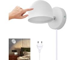 12W LED-wandlamp voor binnen met stekker, dimbare touch-wandlamp, 360° draaibare nachtlamp, 3000K warmwitte verstelbare leeslamp, geschikt voor woonkamer, slaapkamer, trappenhuis, gang, kantoor, wit.