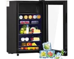 OKWISH Mini Koelkast – Stil En Energiezuinig – 76 L – Roestvrij Staal – Zwart – Met Vriesvak En Ledverlichting