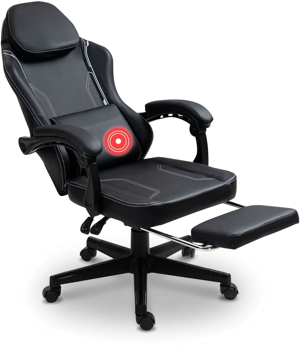 VDD Gaming - Gamestoel met massagefunctie en voetsteun - Gaming chair in de kleur Zwart - Game stoel met nekkussen & verstelbaar rugkussen - Ergonomische bureaustoel met padded armsteunen - Max draagvermogen 150 kg - Verstelbare ruggensteun — afbeelding 1