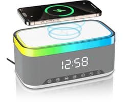 Namajunas - 5-in-1 Wireless LED Speaker - Draadloos - Bluetooth Speaker - 6 Ambient-lampen - Digitale klok, LED-display - Draadloze Muziek Box - Draadloze Oplader - Wireless charger - GSM Lader - voor iPhone/Android/iPad/Samsung - Cadeau