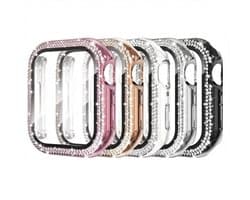 5 stuks Zwart transparant zilverkleurig roze en rosé goudkleurig smartwatch screenprotector met beschermhoes set geschikt voor Apple Watch 42 mm serie 10 / 11 PC case met dubbele rij strass steentjes