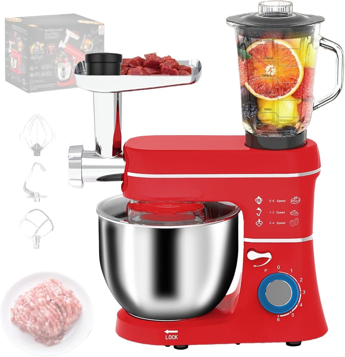 Keukenmachine - Mixer Deegmaker - Bakken en Koken - 10L Kom Vleesmolen - 1400W 6 Snelheden - Rood — afbeelding 1