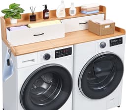 Werkblad voor Wasmachine en Droger - Opzetblad - Afmeting 137 x 69,9 cm - Met Opbergplank - Twee Lades - Haken - Draagvermogen 113 kg - Naturel Hout — thumbnail 4