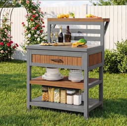 Tuinkast met Werkblad - Buitenkast Grilltafel - Buiten Koken - Roestvrijstalen Werkblad - 100kg Draaglast - Natuurlijk Hout — thumbnail 1