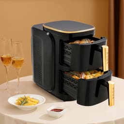Dubbele Heteluchtfriteuse - Grote Airfryer - Gezinsmaaltijden - Dubbele Mand Technologie - 2x 6.34 QT - Zwart Goud — thumbnail 2