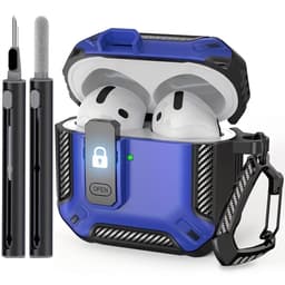 Blauw robuust hoesje voor oordopjes met carbon look geschikt voor AirPods 4 inclusief schoonmaakset en karabijnhaak – schokbestendig en duurzaam — thumbnail 1