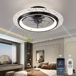 Crystal Ventilator Lamp - Zwart - 50 cm - LED - Dimbaar - Met Afstandsbediening en APP - 6 Snelheden - Stille Flush Mount Ventilator - Moderne Slaapkamerlamp — thumbnail 1