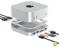 Casecentive - Aluminium 8-in-1 Dockingstation Hub Stand - Geschikt voor Mac Mini M4/M4 Pro - HDMI - USB C - USB A - (Micro)SD card - SSD Slot - Zilver