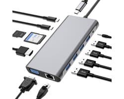 USB C HUB, 12-in-1 USB C-adapterdockingstation met 4K HDMI, VGA, 3 * USB 2.0, USB 3.0, USB C-gegevens, PD3.0, Ethernet RJ45-poort, SD/TF, 3,5 mm AUX, compatibel met meer Type-C-apparaten