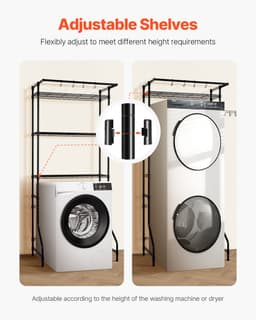 Opbergrek Boven Wasmachine En Droger, 3-Laags Wasrek met Kledingstang En Haken, Verstelbare Enkelrijige Rekken voor Ruimtebesparende Organisatie Van De Wasruimte, Zwart — thumbnail 3