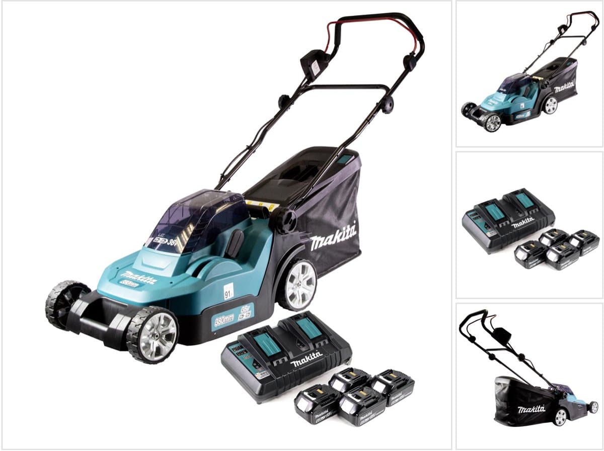Makita DLM 432 PG4 accugrasmaaier 36 V ( 2x 18 V ) 43 cm borstelloos + 4x accu 6.0 Ah + dubbele lader — afbeelding 1