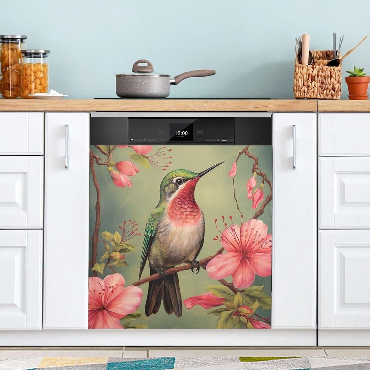 Vaatwasser Magneten Covers - Keuken Decoratie Magneet - Keuken Opfrissen - Dubbele Functie - 23x26 inch - Vogel met Roze Bloemen — afbeelding 1