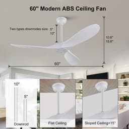 KOMHTOM 60-inch witte plafondventilator zonder verlichting met afstandsbediening, ABS-vleugels, omkeerbare DC-motor, timerfunctie, moderne plafondventilator voor binnen en buiten, geschikt voor slaapkamers, woonkamers, terrassen en — thumbnail 2