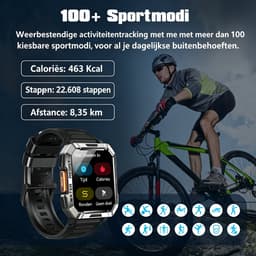 Militair Smartwatch Heren - W60 - Sporthorloge - Beantwoorden | Bellen - Buitensportsmartwatch Met Zaklamp - 100 Dagen Batterij | Kompas | Hartslag | SpO2 | Slaapmonitor - Fitnesstracker voor iOS/ Android -Zwart — thumbnail 4