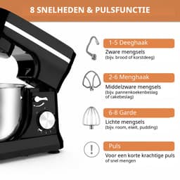 Keukenmachine 1900W - 7L RVS Mengkom - Zwart - 8 Snelheden met Pulsfunctie - Kneedmachine met Deeghaak Menghaak Garde en Spatdeksel — thumbnail 2