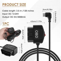 SnelShoppen - 3.5m OBD Power Cord voor Dashcam, 12-24V naar 5V3A Type C OBD2 Camera met Knop, 24 Uur Bewaking, Laag Spanning Bescherming — thumbnail 3