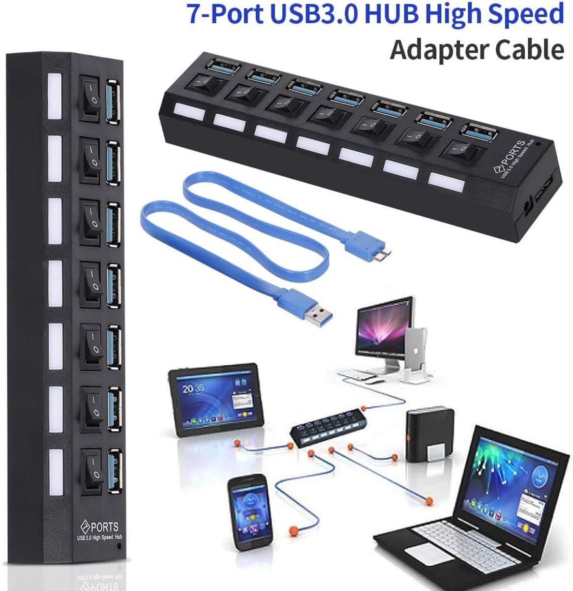 7-poorts USB HUB - USB Splitter Expander - Extra poorten creëren - Individuele AAN/UIT schakelaars - 16.5 cm - Zwart — afbeelding 1