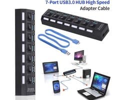 7-poorts USB HUB - USB Splitter Expander - Extra poorten creëren - Individuele AAN/UIT schakelaars - 16.5 cm - Zwart