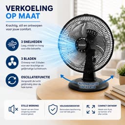 Tafelventilator 30 cm - 3 Snelheden - 90° Oscillatie - Stille ventilator - Zwart — thumbnail 5