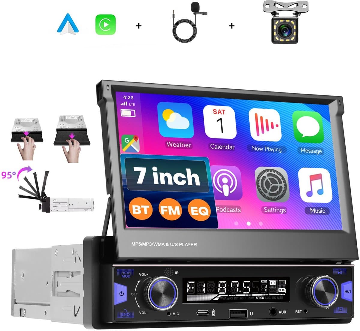 Boscer 1 Din Autoradio met Klapscherm - Draadloos Apple CarPlay & Android Auto - 7 Inch Scherm - Bluetooth & FM/AM Radio (RDS) - Incl. Afstandsbediening, Achteruitrijcamera & Microfoon — afbeelding 1