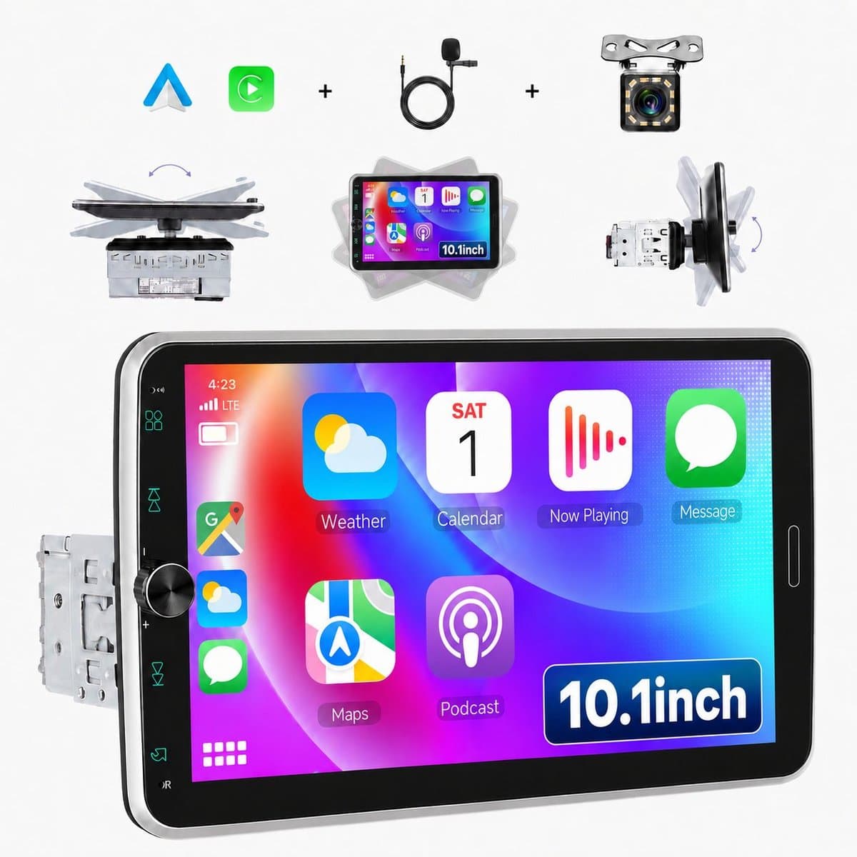 Boscer 1 Din Autoradio met 10.1 Inch Scherm - Draadloos Apple CarPlay & Android Auto - Draaibaar & Afneembaar - Bluetooth & FM/AM Radio (RDS) - Incl. Achteruitrijcamera & Microfoon — afbeelding 1