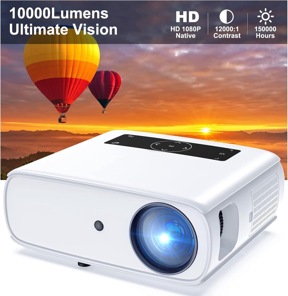 SnelShoppen - Native 1080p Full HD Beamer, 10.000L Thuisbioscoop Projector met 150.000 uur levensduur, Ondersteunt 4K, 350'' Display voor Smartphone, — afbeelding 1