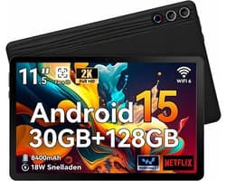 11.5 inch Tablet - 2K Schermo Ultra - Android 15 Tablets - 30GB RAM - 128GB ROM - 8400mAh - WiFi 6 - Zwart