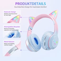 Kids Bluetooth Headphones with RGB LED Cat Ears, Wireless Over Ear Headset with Microphone, Foldable Headphones for Tablet, Phone and PC — thumbnail 2