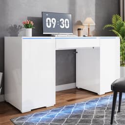 VVBV Bureau 140x50x78 cm - LED-Verlichting, Hoogglans, 2 Deuren, Opbergruimte - Wit, Spaanplaat — thumbnail 4