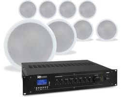 Power Dynamics Plafondspeaker set met 8 witte inbouwspeakers - 100V - Inclusief Bluetooth - 5 inch