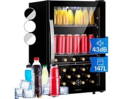 Klarstein Drankkoeler minikoelkast met glazen deur, minikoelkast voor op de kamer, kleine met verstelbare schappen, kleine koelkast van 147 liter, stille koelkast voor binnen en buiten - Drankkoelkast Drankenkoelkast - Touch Display - RVS