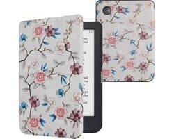 kwmobile e-reader hoesje geschikt voor Kobo Clara 2E hoes - E reader flip case met magnetische sluiting - Ereader cover - Elegante bloemen design in wit / poederroze / blauw