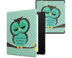 kwmobile e-reader hoesje geschikt voor Amazon Kindle Oasis 10. Generation hoes - E reader flip case met magnetische sluiting - Ereader cover - Slapende Uil design in turquoise / bruin / mintgroen