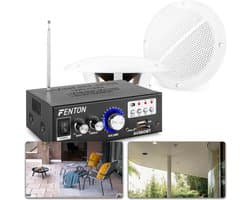 Weerbestendige 5 speakerset + versterker en kabel voor muziek op terras of veranda