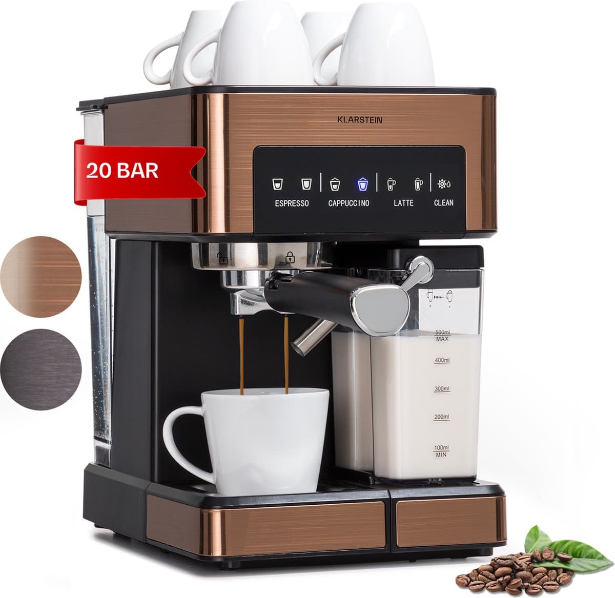 Klarstein Koffiemachine Espresso Pistonmachine met Melkopschuimer, 1,8 L Mini Espressomachine met Piston, 20 Bar Compacte RVS , 1350 W Koffiemachine voor Cappuccino, Latte en Espresso - Stoompijpje Touch LED - Coffee Machine — afbeelding 1