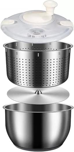 Salade Spinner - Groente Wasmachine - Salades Drogen - Ingebouwd Afvoersysteem - 6L Kom - Zilver — thumbnail 1