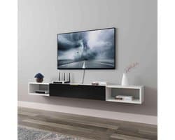 Zwevende TV Kast - Mediaconsole Plank - Woonkamer Opbergen - Klepdeur Design - 140x20x18.2cm - Zwart Wit