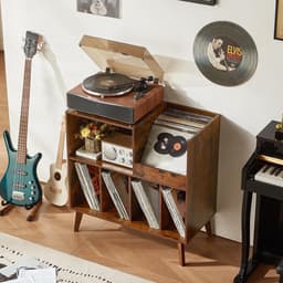 Platenstandaard - Platenspeler Meubel - Vinyl Platenrek voor 300 LP's - Vinyl Opslag met Presentatievlak - LP Houder - Albumhouder - Industrieel Design - Muziekkamer & Woonkamer - Grote Capaciteit - Vinyl Rek - Vintage Bruin & Zwart — thumbnail 3