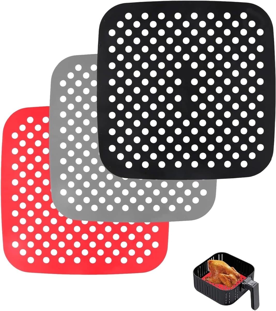 Herbruikbare geperforeerde luchtfriteuse matten, 3 stuks, 21,5 x 21,5 cm, ideaal voor bakken, grillen en frituren zonder vet — afbeelding 1