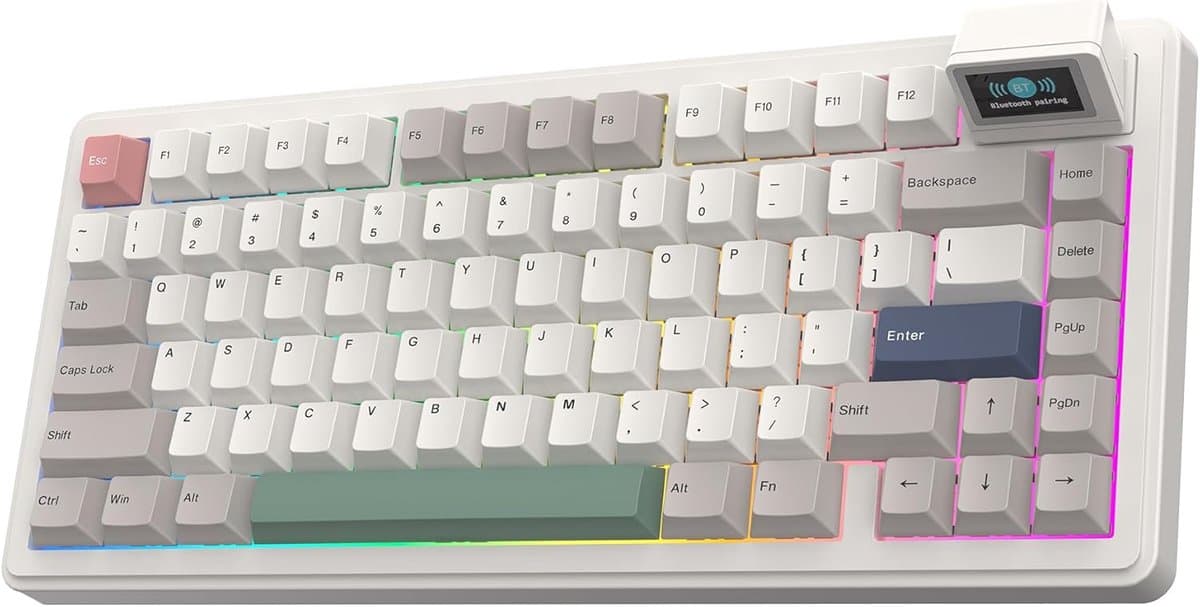 EPOMAKER RT82 Draadloos Mechanisch Gaming Toetsenbord - 75% Layout - Met Afneembaar LCD Scherm (Mini TV) - Gasket Mount - Hot-Swappable - US QWERTY - Retro White — afbeelding 1