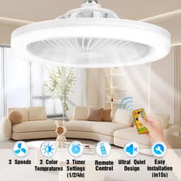 Stille plafondventilator met lamp - Lampfitting met schroefbevestiging - LED-lamp voor plafondventilator - Plafondventilator met lamp en afstandsbediening voor keuken, badkamer, berging, garage — thumbnail 3